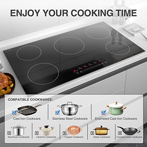 VBGK Induction Cooktop, with 5 Burners Desktop Built-in Cooktop, 7400W 240V Induction Stovetop 9 Power,Levels Sensor Touch Control,Child Safety Lock,1-99 Minutes Timer,Induction Burner