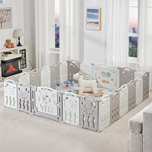 Albott Baby Playpen 22 Panels, Foldable and Portable Kids Safety Play Yard with Lockable Door, Adjustable Shape Activity Center for Indoor and Outdoor Use (White & Grey)