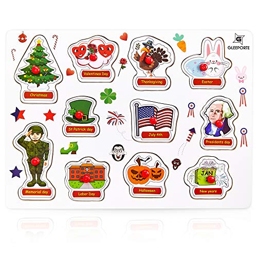 Gleeporte Wooden Peg Puzzle, Holiday Theme - Learning Educational Pegged Puzzle for Toddler & Kids (11 pcs)
