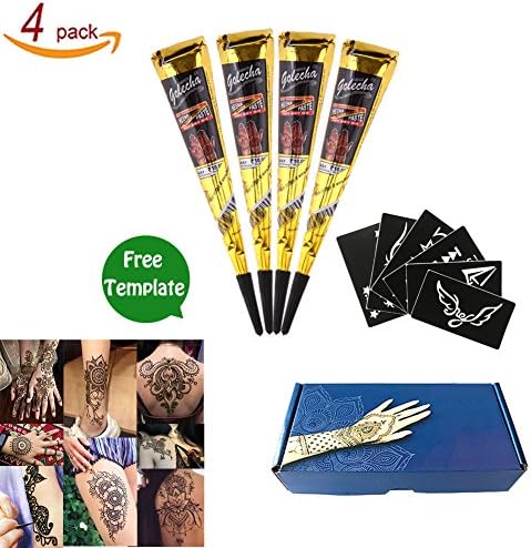 India Henna Tattoo Kit Temporary Tattoo Paste Cones Body Art Painting Drawing With 6 pcs Free Henna Stencil Set Black Color(4Pcs)