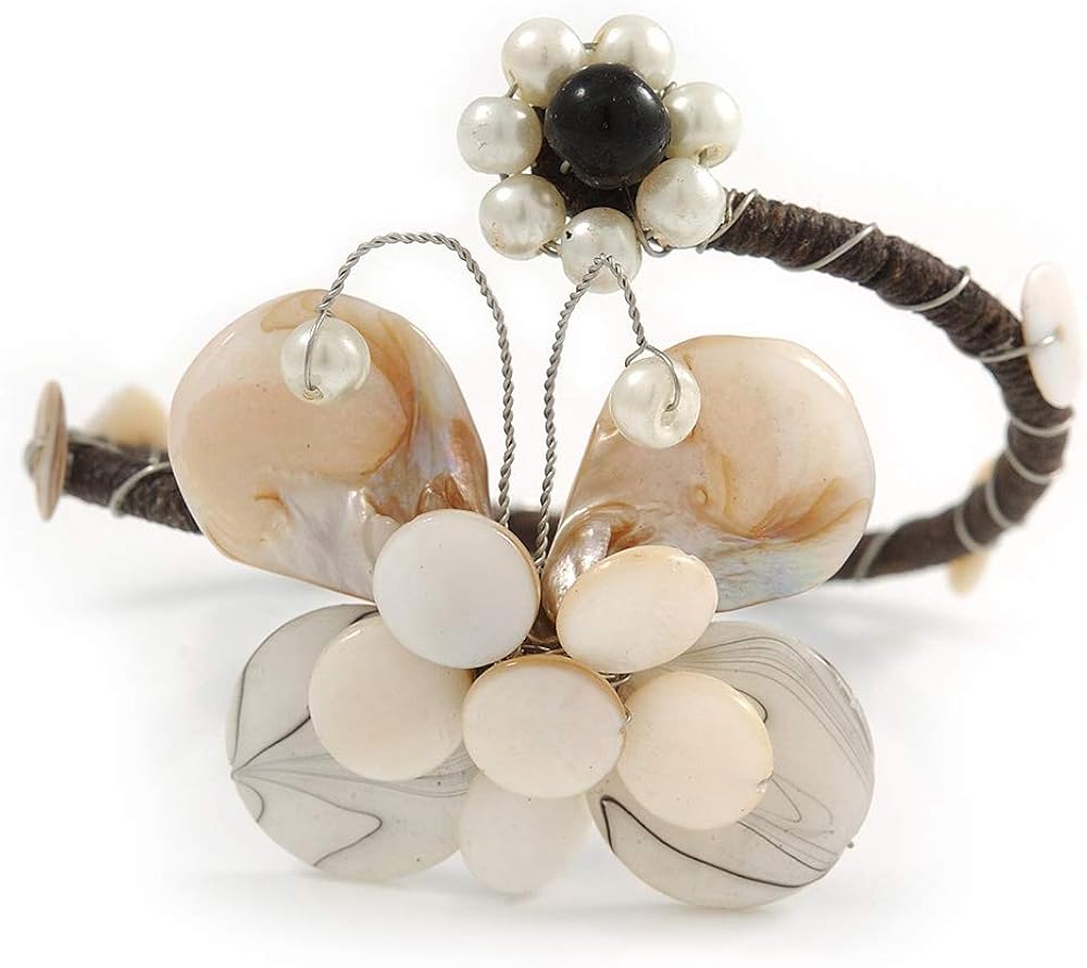 Avalaya Off White Sea Shell Bead Butterfly Silver Wire Flex Cuff Bracelet - Adjustable, White / Ivory, Brown