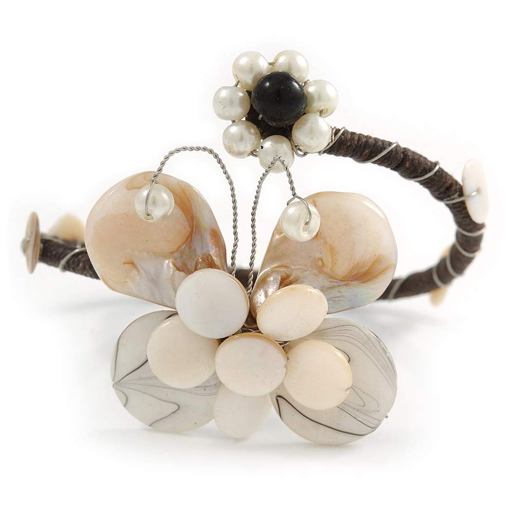 Avalaya Off White Sea Shell Bead Butterfly Silver Wire Flex Cuff Bracelet - Adjustable