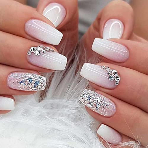 YoYoee Medium Coffin Press On Nails Crystal Gem Design Fake Nails Acrylic Gradient Bling False Nails Reusable Ballerina Stick On Nails for Women and Girls （24 PCS）