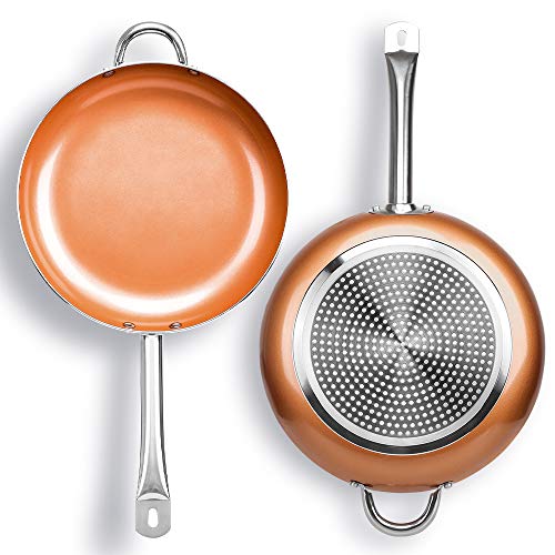 SHINEURI 12 inch Nonstick Copper Frying Pan Deep Skillet Pan with Stainless Steel Handle, Round Saute Pan for Broiling Steaming and Braising, Dishwasher Safe PFOA PTFE Free