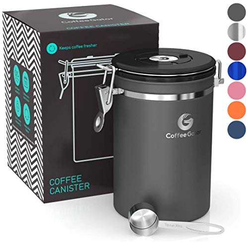 Coffee Gator Coffee Canister Stainless Steel Coffee Container - Fresher Beans and Grounds for Longer - Date-Tracker, CO2-Release Valve and Measuring Scoop - Large, Gray