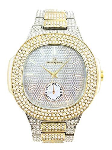 Bling-ed Out Oblong Case Metal Mens Watch - Two Tone - (8475T/T Watch Only)