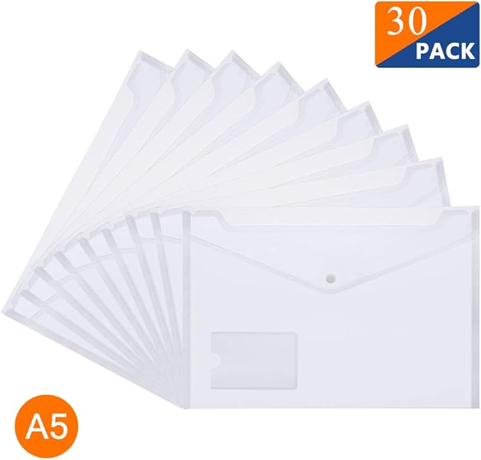 Plastic Envelopes Wallets, MerryNine 30 Pack A5 Clear Document Folder with Label Pocket, for