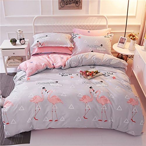 TheFit Paisley Textile Bedding for Young Adult W556 Grey Pink Pastel Flamingo Duvet Cover Set 100% Cotton, Queen Set, 4 Pieces