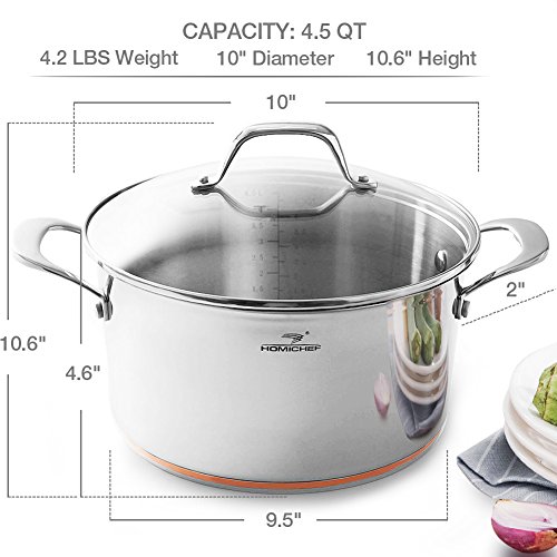 HOMI CHEF Mirror Polished Copper Band NICKEL FREE Stainless Steel 4.5 Quart Stock Pot with Glass Lid (No Toxic Non Stick Coating, 9.5 Inch)