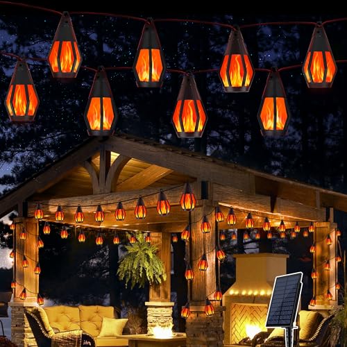 Solar-Lichterkette für den Außenbereich, 10 m, Solar-Terrassenlichter mit 15 flackernden Flammen, wasserdicht, rot, solarbetrieben, Außenleuchte für G