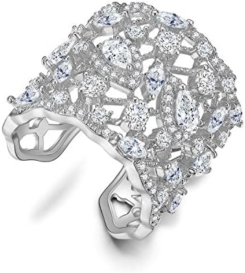 Redbarry 18k White Gold Plated CZ Crystal Wide Band Adjustable Statement Cocktail Ring Wedding Jewelry