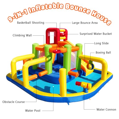 Umbalir Inflatable Obstacle Bounce House, Kids Bounce House Water Park with Water Slides, Surprise Dump Bucket, Obstacles,Jumping, Tunnels, Climbing,Water Cannon, and Ball Shooting Frame