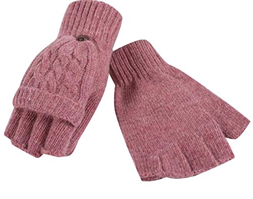 TRENDY XU Women/Girl Knit Half Finger Gloves with Flap Mitten Cover Glove (Pink)