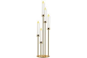 SIMPREFINE Candelabra Gold Centerpiece 5 Arms Taper Candle Holder Gold Centerpiece with Acrylic Tubes for Table Decoration Wedding Event Party Aisle Stage Home Decor (1, M)