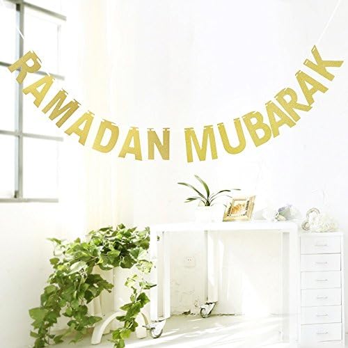 AMZLUCKY - 1 Set Ramadan Mubarak Golden Decorative Banners Id Al-Fitr Party Pennant Lesser Bairam Banner Hanging Garland Happy Eid Buntings