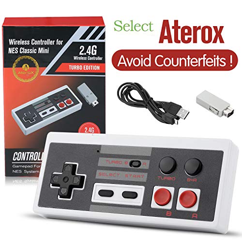 NES Classic Mini Wireless Controller – Aterox Turbo Edition Rapid Buttons Rechargeable Joypad Gamepad with 2.4G Receiver for 2016 Nintendo Entertainment System/Wii Game Console