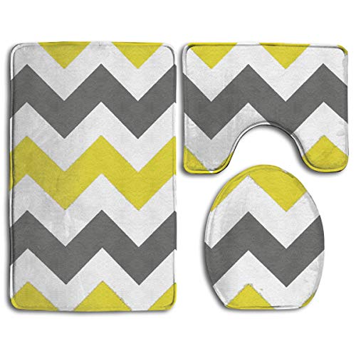 Horizontal Chevron Pattern Yellow Grey White Family Flannel Non-Slip Bathroom Rug Mats Set 3 Piece Washable Contour Rug Lid Cover