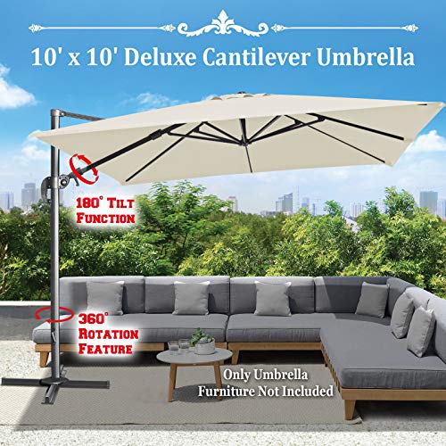 BenefitUSA 10'x10' Deluxe Sunbrella Patio Umbrella Off-Set Hanging Roma Umbrella Tilt & 360 Rotation Patio Heavyduty Outdoor Sunshade Cantilever Crank(Steel Cross Base is Included) (White) - Thumbnail 2
