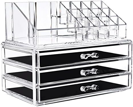 Acrylic Makeup Organizer Jewelry & Cosmetic Storage Box, 3 Large Drawer and 1 Makeup Display Holder, 2 Pieces Stackable, Detachable, Clear, Medium