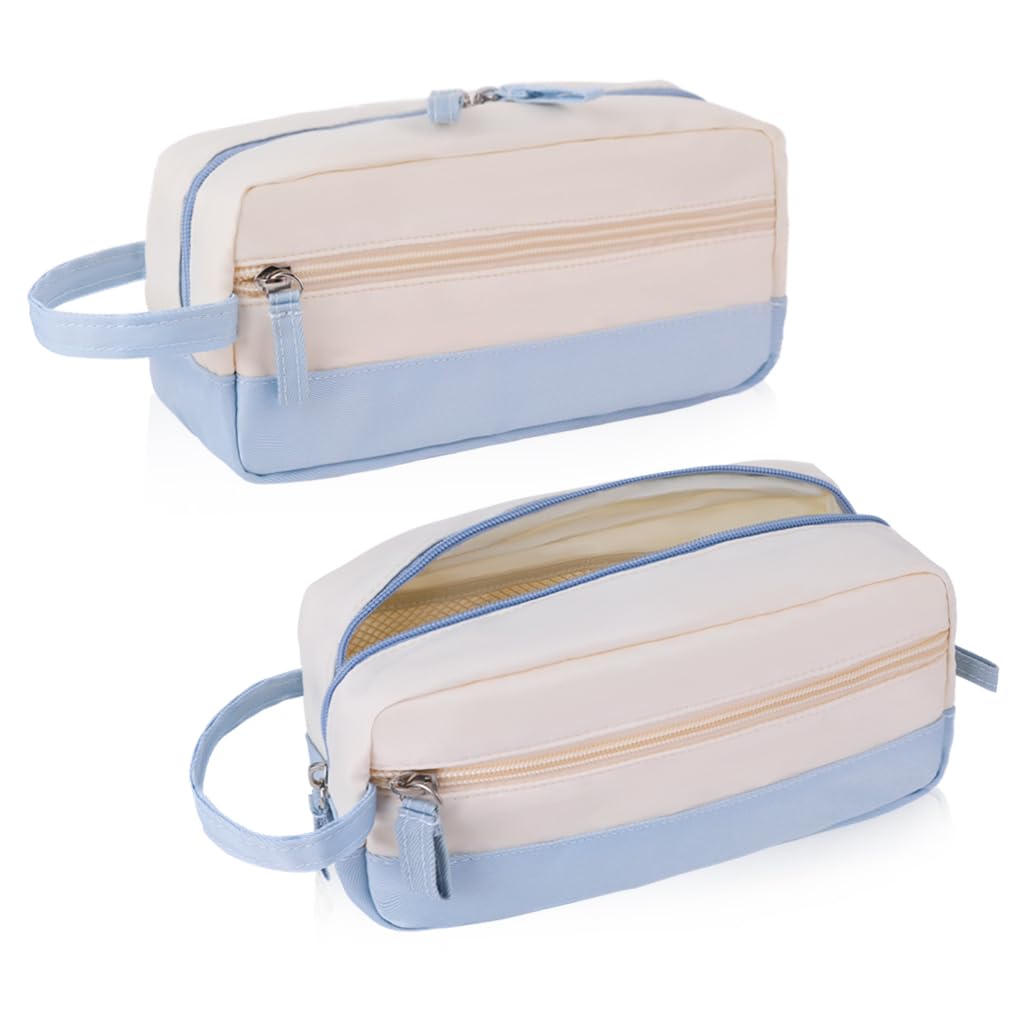 Oyachic Big Capacity Pencil Case Double Zipper Pen Pouch Organizer Storage Cosmetic Makeup Bag with Handle for Adults Women Office (Blue)