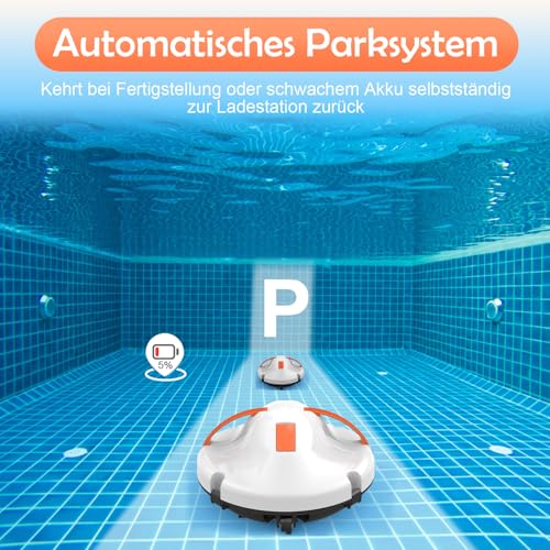 GAMPLAE Pool Robot, Wireless Pool Vacuum Cleaner Battery with 130 Minutes Running Time, Dual Motors Pool Cleaner, Self-Parking Function, Portable Pool Robot Battery for Flat Floors Pools up to 102 m²