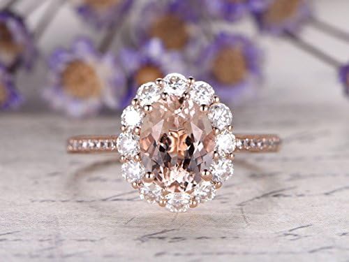 Natural Pink Morganite Wedding Ring,6x8mm Oval Cut Gemstone Solid 14k Rose Gold Charles &amp; Colvard Moissanite Halo Floral Style Engagement Ring Diamond Bridal Promise Anniversary Band