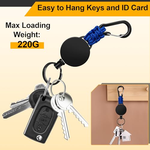 Retractable 4-Piece Key Ring, Retractable Steel Cable 60 cm, Carabiner Keychain with Paracord Clip, Reel Carabiner (Black + Beige + Blue + Orange)