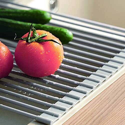 Josoft Over The Sink Dish Drying Rack, Roll up Sink Dish Drainer Rack Multipurpose Foldable Kitchen Stainless Steel Dish Rack Sink Drying Rack 20.6