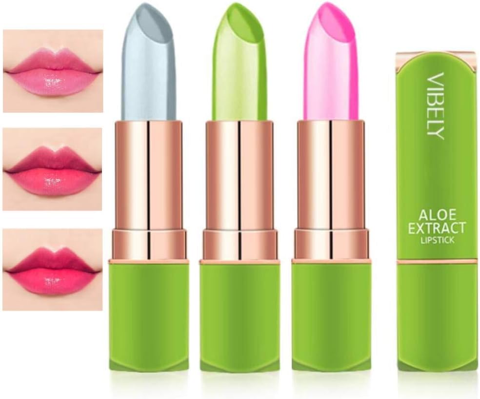 Skynest 3 Pack Aloe Vera Lipstick, Long Lasting Nutritious Lip Balm Lips Moisturizer Magic Temperature Color Change Lip Gloss Set