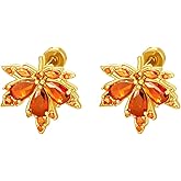 20G CZ Orange Red Maple Leaf Flat Screw Back Small Stud Earrings for Women Stainless Steel Dainty Crystal Leaves Cartilage Tragus Tiny Little Piercing Studs Fall Autumn Festival Jewelry