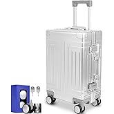 KANGSHILU All Aluminum 20'' Luggage with Removable Spinner Wheels,Provide Spare Wheels.Carry on Luggage 22 x 14 x 9 Airline Approved Lightweight Metal Hard Shell Zipperless Suitcase