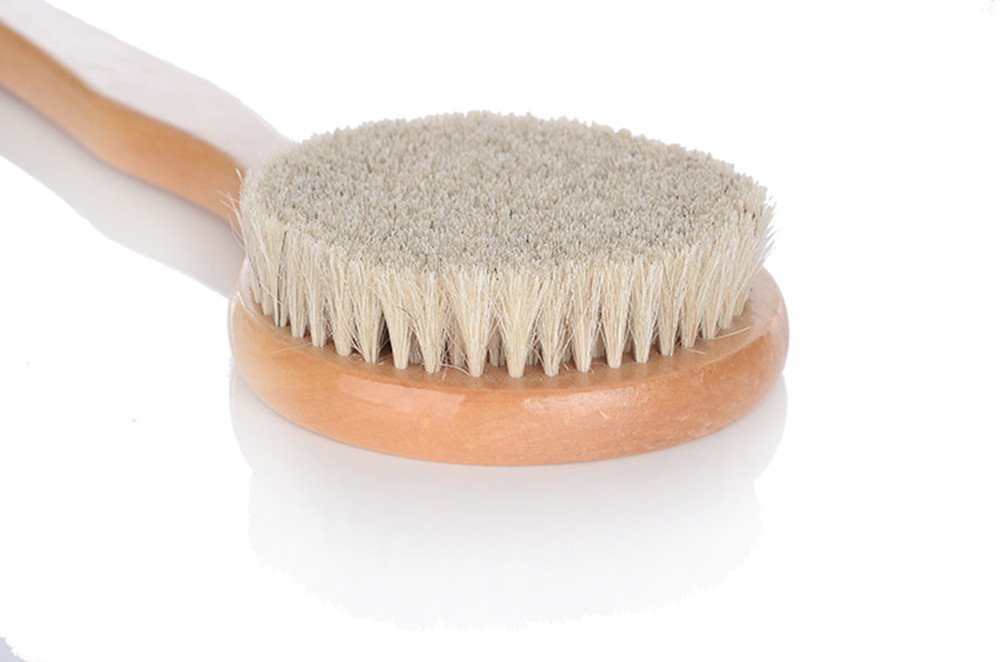 Suyisuer 100% Natural Horse Bristles Bath Brush,Body Scrubber ,Exfoliating Body Massager with Long Wooden Handle for Dry Brushing and Shower, Foot File for Feet and Hands