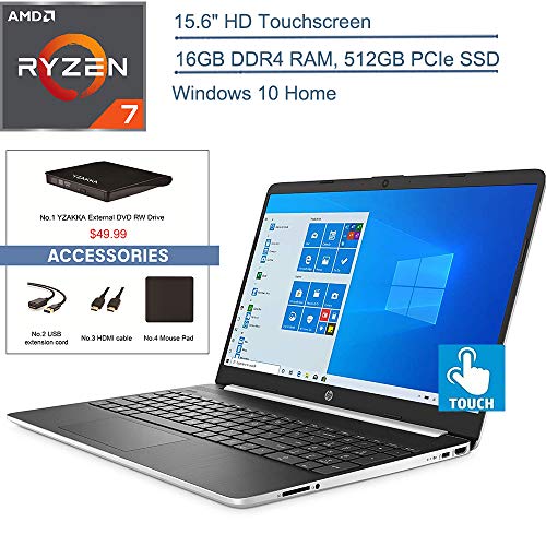 2020 HP 15.6″ Touchscreen Laptop Computer, Quad-Core AMD Ryzen 7 3700U Beat i7-7500U up to 4.0GHz, 16GB DDR4 RAM, 512GB PCIe SSD, HDMI, Silver, Windows 10, YZAKKA External DVD+ Accessories
