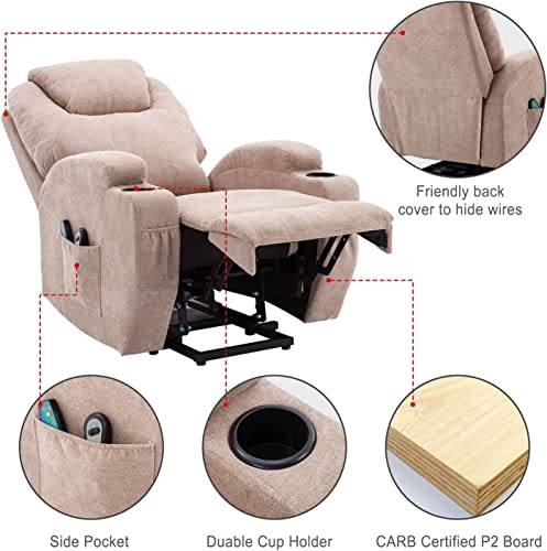 Power Lift Recliner Chair Massage Chair for Elderly, Electric Lift Chair with Heat and Massage, Fabric Recliner Sofa with 2 Cup Holders, Side Pockets & Remote Control for Living Room (Light Brown)