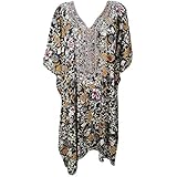 Women's Short Caftan Dress Top Sequin Black Printed Cruise Style One Size