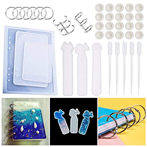 Squadare Resin Casting Molds for Notebook Cover A5 A6 A7,Silicone Bookmark Resin Mold 3 PCS,8 PCS Book Rings for Epoxy Resin Jewelry DIY Fans, Disposable Natural Finger Cots and 5 PCS Droppers