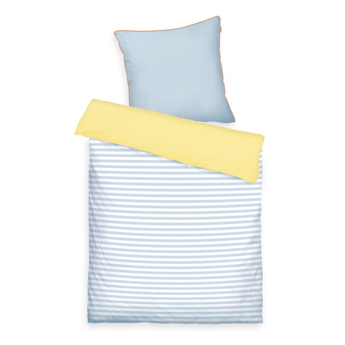 Klaus Herding GmbH Tom Tailor Bed Linen Stripes with a Kick Sky Blue & Light Lemon, 80 x 80 cm + 155 x 220 cm, 100% Cotton/Percale with Reversible Motif, Coloured Piping on Cushion and Branded Zip