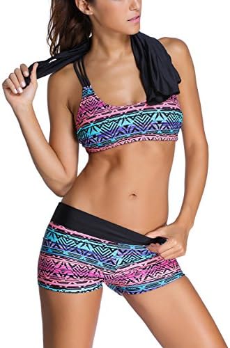 Shining Rainbow Women Tankini with Boy Shorts Sports Bra Two Piece Swimsuits ((US 12-14)L, Mix Color 1)