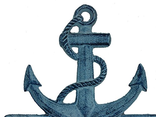 Hampton Nautical Rustic Dark Blue Whitewashed Cast Iron Anchor with Hooks 8" (Nautical Hook)