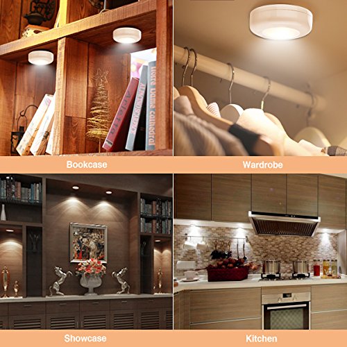 Closet Light, Elfeland LED Puck Lights Remote Control Under Cabinet Lighting with Timer Function, Battery Powered, Brightness Adjustable, for Hallway Bedroom Stair (6 Pack, 4000K, Warm White)