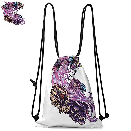 Gothic Decor Drawstring Backpack Series Day of The Dead Illustration with Sugar Skull Girl in Decorative Flower Wreath Convenient Choice for Daily Activities W13.8 x L17.7 Inch