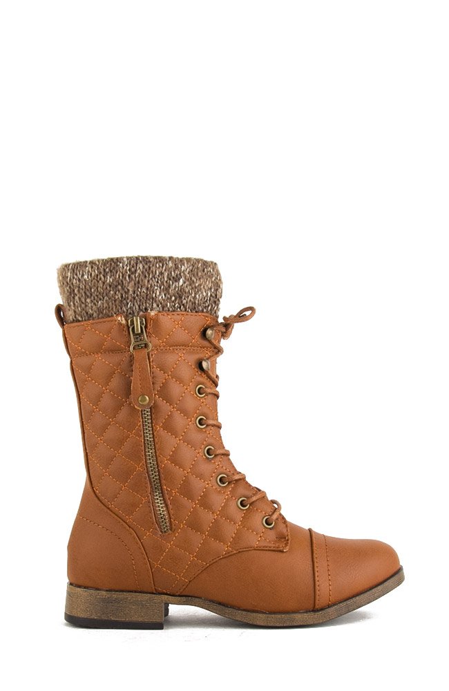 Chase and Chloe Minky-9 Quilted Wool Sweater Combat Boot - Cognac PU - Image 3
