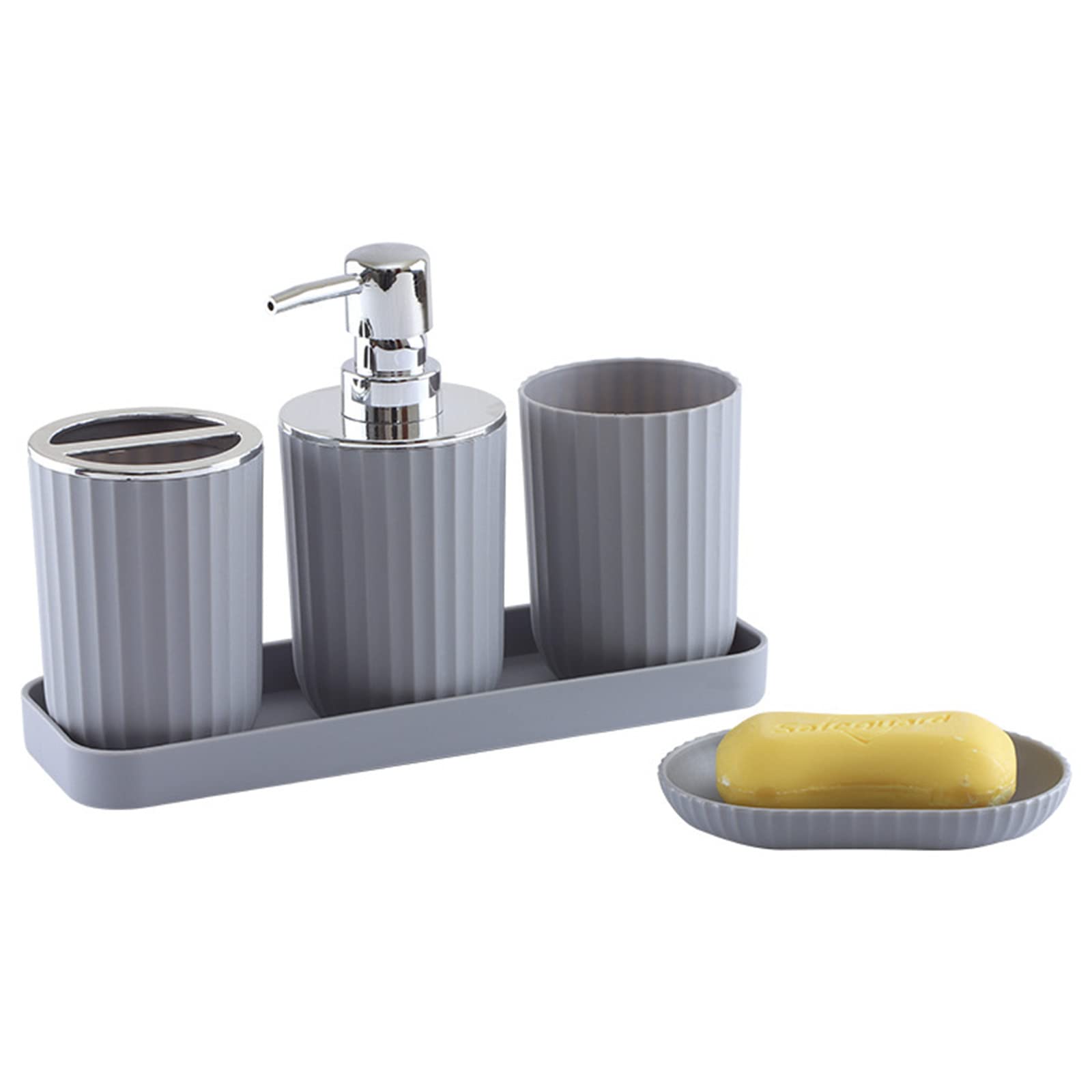 Hosoncovy 5 Pieces Bathroom Accessory Set with Soap Dispenser, Bathroom Cup, Soap Dish ，Toothbrush and Toothpaste Holder,Storage Tray (Grey)