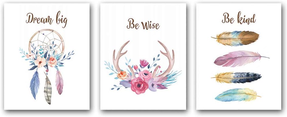 3 Set,Girls Boho Tribal Art Print,Dreamcatcher Feathers Flowers With Inspirational Quote Wall Poster Picture, Nordic Dream Catcher Pictures for Living Room Bedroom Home Decor,(Unframed,8"X10")
