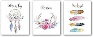3 Set,Girls Boho Tribal Art Print,Dreamcatcher Feathers Flowers With Inspirational Quote Wall Poster Picture, Nordic Dream Catcher Pictures for Living Room Bedroom Home Decor,(Unframed,8"X10")