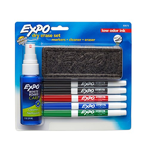 EXPO Low-Odor Dry Erase Set, Fine Point, Assorted Colors, 7-Piece with Cleaner