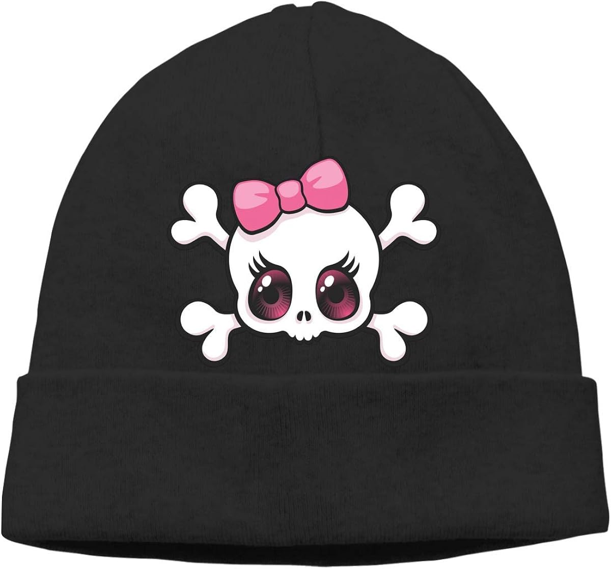 Uosliks Black Pink Bow Skull Unisex Cuffed Plain Skull Cap Stretchy