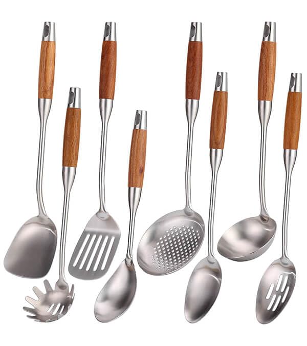 Photo 1 of 18/10 Stainless Steel Kitchen Utensils Set with Wood Handle - 15”Metal Cooking Tools & Serving Utensil, 8-Pieces Cooking Spoons Set - Spatula, Ladle, Skimmer, Turner, Pasta, Solid Spoon, Slotted Spoon
