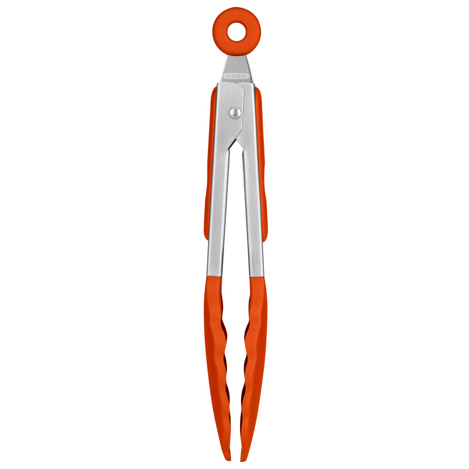 250℃ Heat Resistant Kitchen Tongs: U-Taste 18cm Silicone Cooking Tong with Firm Sealed Non Stick Silicone Tips & Silicone Coated 18/8 Stainless Steel Handle & Smooth Locking for Serving (Orange)