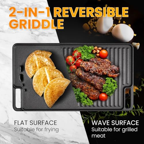 2-in-1 Reversible Grill Plate, 18"x10" Pre-Seasoned Cast Iron Griddle, Double-sided Flat Top Plate for Gas Stovetop, Oven, or Open Fire, Rectangular Flat Pan for Camping, Roasting and Grilling